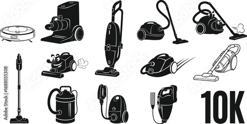 Vector set of 10K vacuum cleaner icons including steam, robot, upright, handheld, and cartoon style cleaning device illustrations