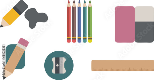 Colorful Flat Design School Supplies Pencils, Erasers, Ruler, Sharpener, and Ink Blot Isolated