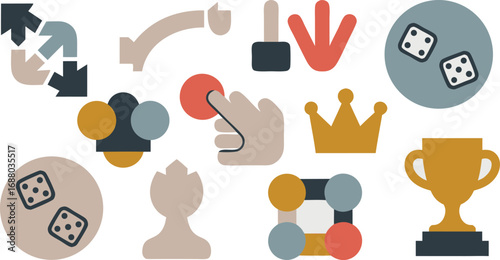 Colorful Flat Illustration of Game Elements Arrows, Hand, Crown, Trophy, and Dice