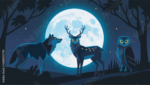Illustration of Night Animals under a Full Moon Vector Design Template