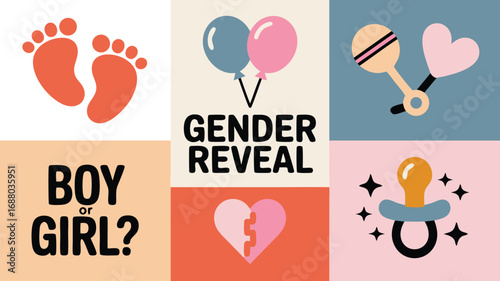 Colorful Gender Reveal Collage Featuring Balloons, Baby Feet, Pacifier, and Boy or Girl? Text