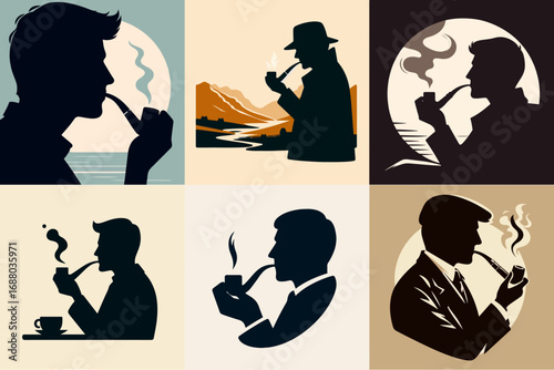 vector illustration set of people smoking a pipe