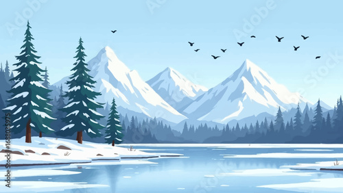 Flat vector winter illustration featuring snow-covered mountains, pine trees, frozen ground, and birds flying in the cold sky