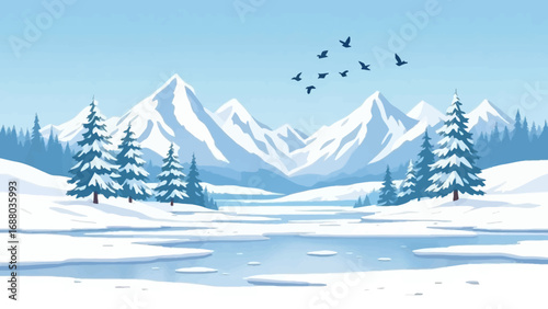 Flat vector winter illustration featuring snow-covered mountains, pine trees, frozen ground, and birds flying in the cold sky