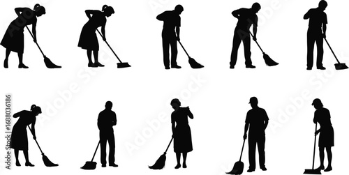 Vector silhouettes of men and women sweeping floors with brooms and mops, cleaning housework activity, household chores and maintenance