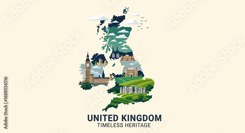 Iconic landmarks and landscapes of the United Kingdom artfully arranged within a stylized map.