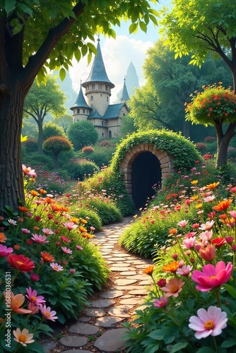A whimsical, hidden park bursts into view, unexpected and delightful, filled with vibrant flowers and playful structures Discover the joy of the unexpected in this secret garden , spring, path, park