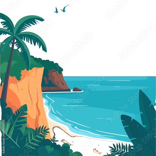 Pixel Art Tropical Beach Scene with Turquoise Water and Palm Trees Under Clear Sky Detailed Vector Landscape Illustration Serene Coastal Paradise