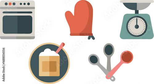 Colorful Kitchen Tools Oven, Mitten, Measuring Spoons, Food Scale, and Jar Illustration