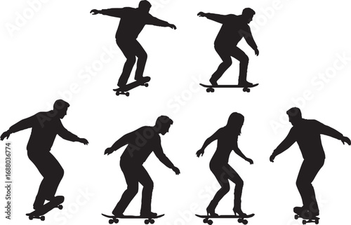 Skateboarders Silhouettes Collection Male and Female Riders Balancing on Boards