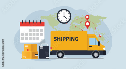 Shipping Process with Delivery Truck, Calendar, and Time Management