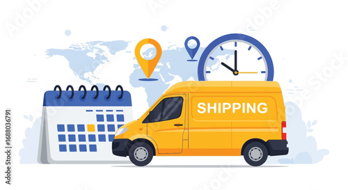 Shipping Process with Delivery Truck, Calendar, and Time Management