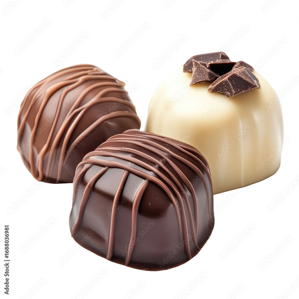 Obraz premium Three Gourmet Chocolate Candies with Varying Textures and Colors Isolated on a Transparent Background