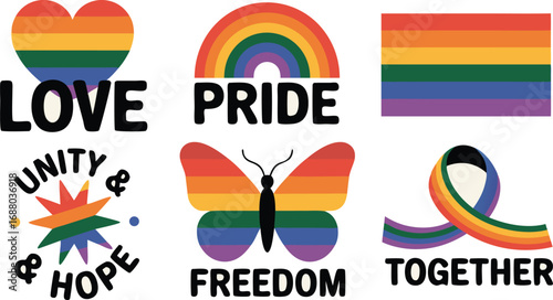 Colorful LGBTQ Pride Symbols Love, Pride, Unity, Freedom, Togetherness, and Hopeful Messages of Support