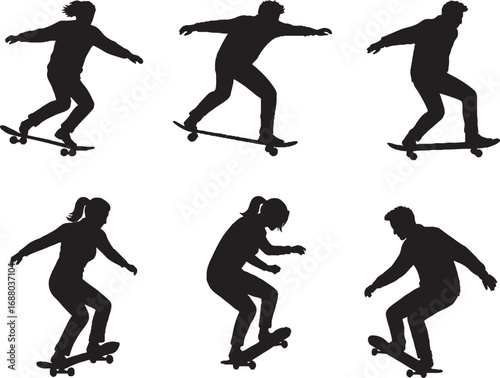 Dynamic Skateboarder Silhouette Collection, Men and Women Riding Skateboards