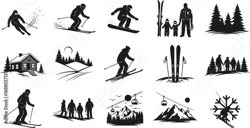 Vector silhouettes of skiers, snowboarders, families, mountain landscapes, ski equipment, ski lifts, snowflakes, and winter activities in nature.
