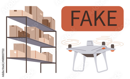 Warehouse racks filled with boxes next to a flying Quadcopter and a bold FAKE sign. Ideal for logistics, counterfeit detection, online shopping, supply chain, product verification, retail, simple flat