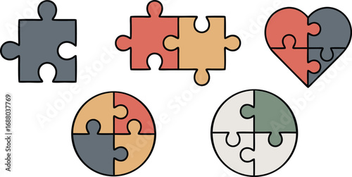 Colorful Puzzle Pieces Single, TwoPiece Set, Circle, and Heart Shapes Illustration