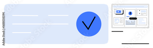 Blue check mark symbolizing approval or verification beside a dashboard displaying analytics, charts, and reports. Ideal for concepts thumbs up success, quality, analysis, business, approval