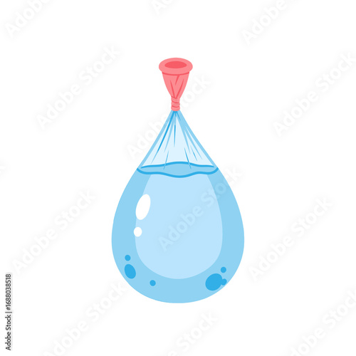 Cartoon Water Balloon Illustration with Red Nozzle and Light Blue Water Droplets on a White Background