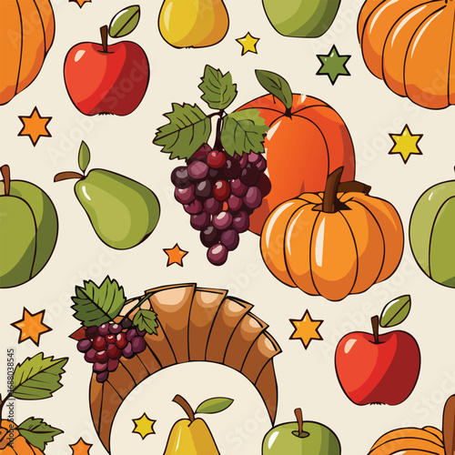 Vibrant autumn harvest seamless pattern with pumpkins, apples, grapes, and stars on neutral background