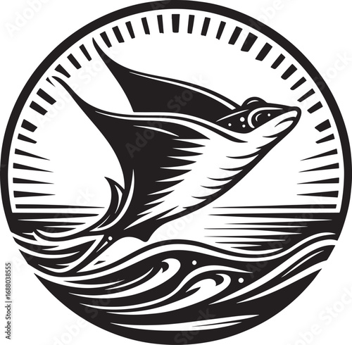 Fish on the sea. Black and white vector illustration isolated on white background.
