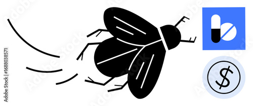 Black fly in motion alongside pill imagery and coin motif. Ideal for health issues, disease, challenges, medical costs, pharmaceutical industry, financial burden, abstract struggles. Simple flat