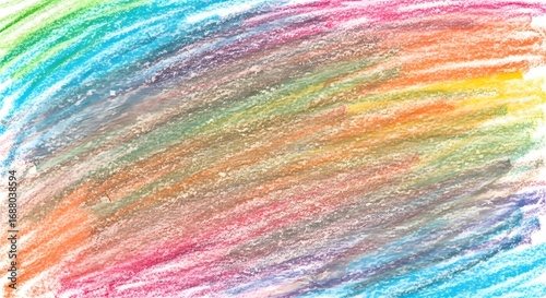 Colorful hand-drawn texture with diagonal scribbles of rainbow-colored crayons on a white surface.