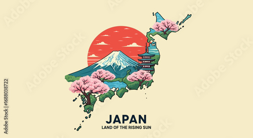 Stylized map of Japan showcasing Mount Fuji, cherry blossoms, and a pagoda, set against a rising sun.
