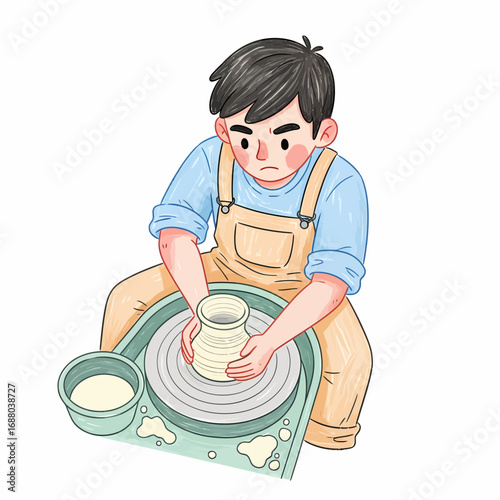 Illustration of a Young Man Doing Pottery