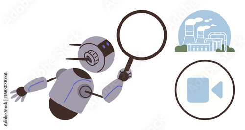 Robot analyzing pollution near industrial facilities holding magnifying glass, video camera. Ideal for technology, environment, automation, inspection, AI, monitoring sustainability. Simple flat
