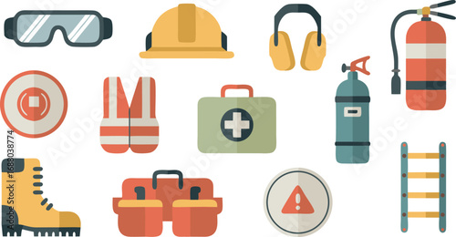 Construction and Safety Equipment Illustration Hard Hat, Vest, First Aid, Extinguishers