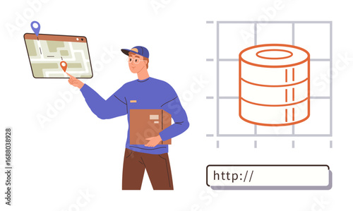 Courier holding package with a digital map pointer, database icon, and web address bar. Ideal for logistics, shipping, e-commerce, database management, online business, web development
