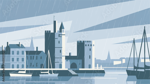 Illustration of Rainy La Rochelle Harbor with Port Vector Design Template
