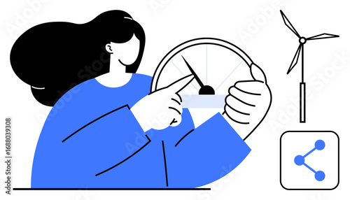 Woman adjusts speedometer, symbolizing progress. Wind turbine suggests renewable energy. Sharing icon implies connectivity and collaboration. Ideal for sustainability, energy, innovation, progress