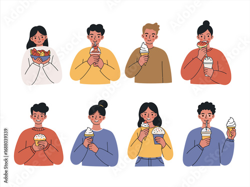 Set of happy people eating delicious dessert at cafe. Vector