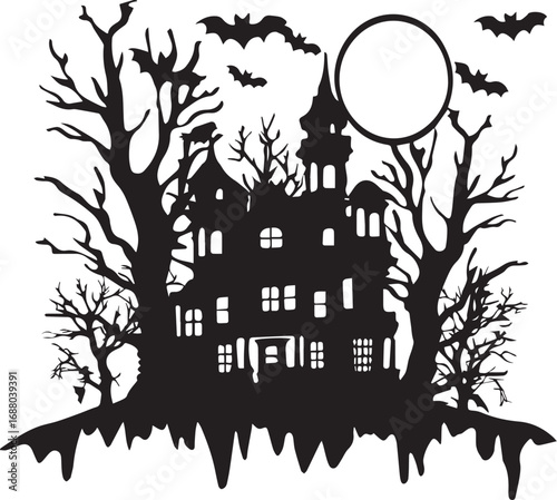 Spooky Halloween House: A dark and eerie illustration featuring a haunted house silhouette, a full moon, bare trees, and bats, creating a chilling and spooky Halloween scene.