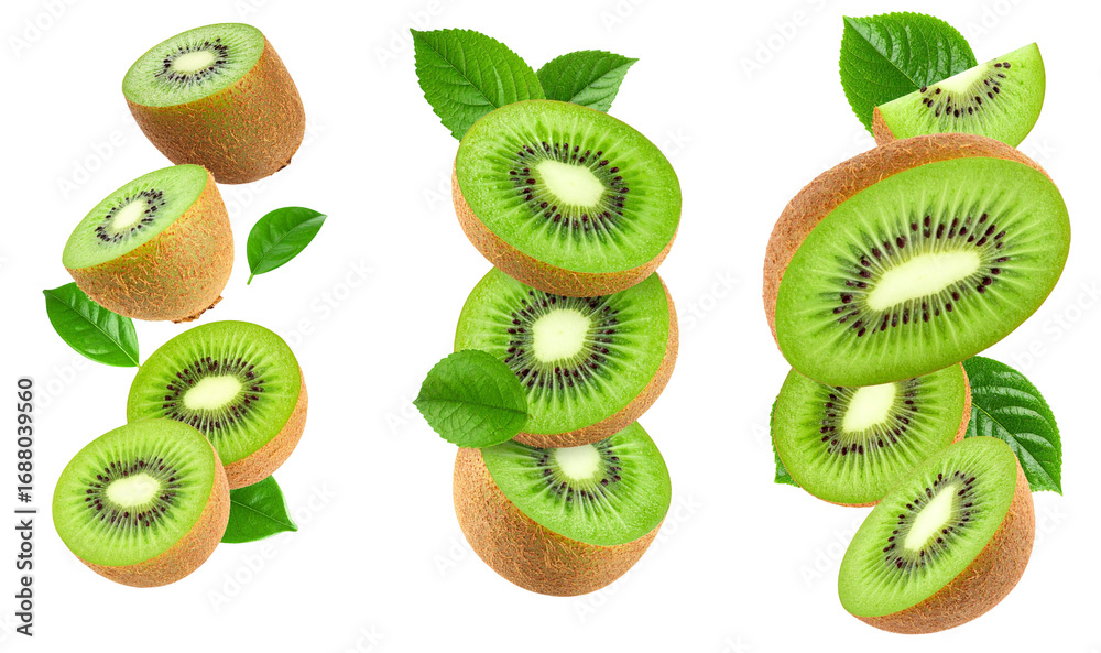 Fototapeta premium Fresh Kiwi Slices and Whole Fruits with Green Leaves on Transparent Background
