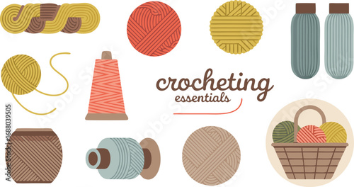 Crocheting Essentials Illustration Colorful Yarn Balls, Spools, and Skeins Arranged with Basket on White Background