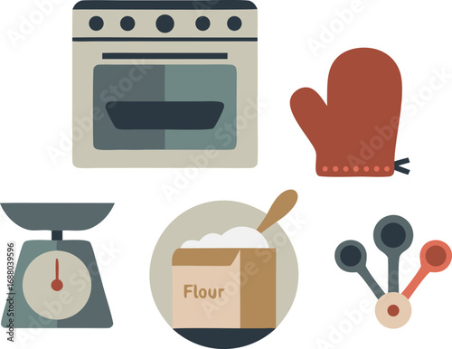 Cute Baking Illustration Oven, Mitten, Scale, Flour, and Measuring Spoons for Cooking Projects
