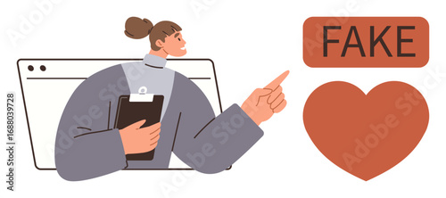 Woman holding a clipboard pointing to a Fake label next to a heart. Ideal for online education, critical thinking, relationship concepts, fraud awareness, warnings, social media, simple flat metaphor