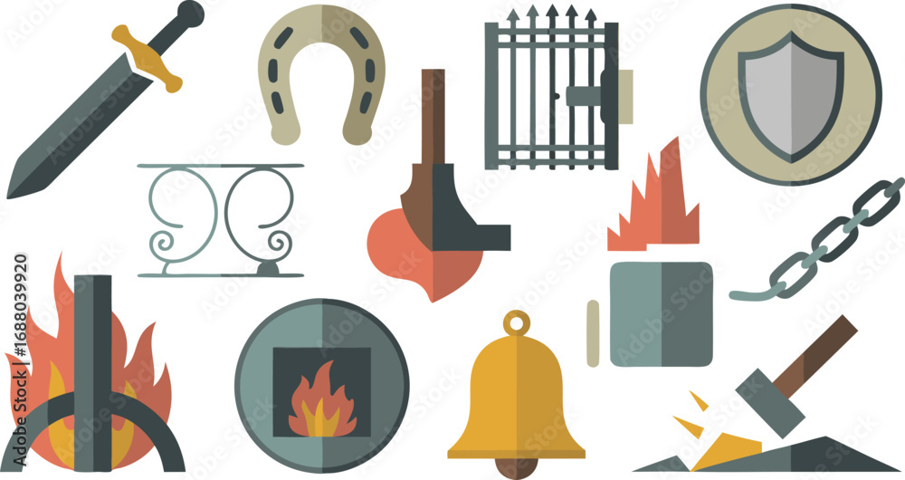 Fototapeta premium Decorative Medieval Elements Sword, Horseshoe, Gate, Shield, Chain, Bell, Hearth, and Blacksmith's Tools