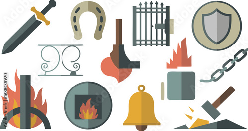 Decorative Medieval Elements Sword, Horseshoe, Gate, Shield, Chain, Bell, Hearth, and Blacksmith's Tools