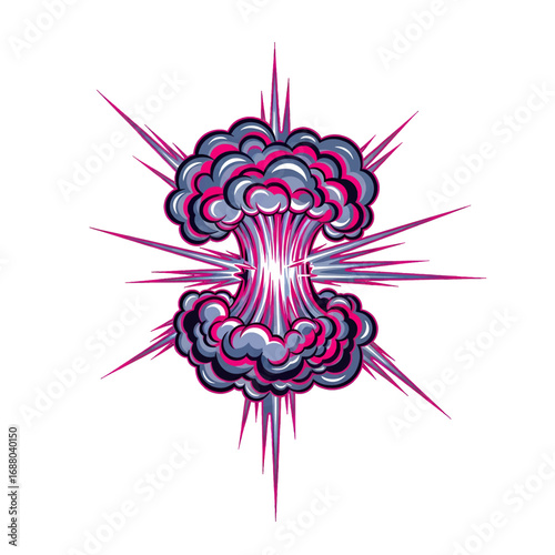 Pixelated Digital Illustration of Atomic Explosion with Gray and Pink Cloud Bursting Against White Backdrop in Square Format