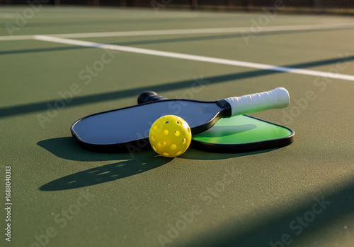 Vibrant green pickleball court captured from low angle, paddles and neon ball creating dynamic focal point, cinematic composition ideal for sporty, modern, and playful design projects.