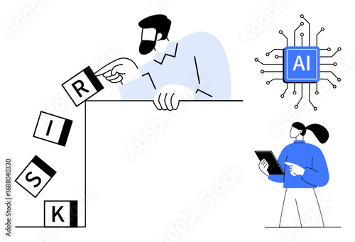 Man topples letter block R to prevent Risk fall, while woman with tablet observes AI circuit. Ideal for risk management, AI technology, decision-making, innovation, teamwork, digital solutions