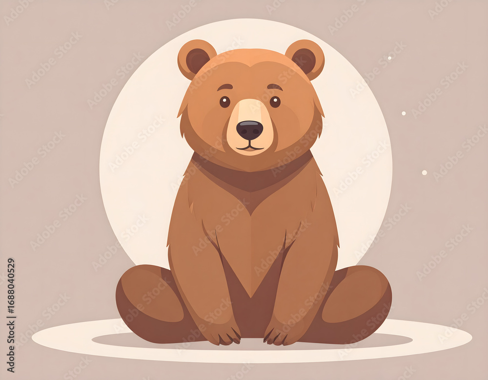 Obraz premium Cartoon illustration of a brown bear sitting upright, facing the viewer, with a soft background.