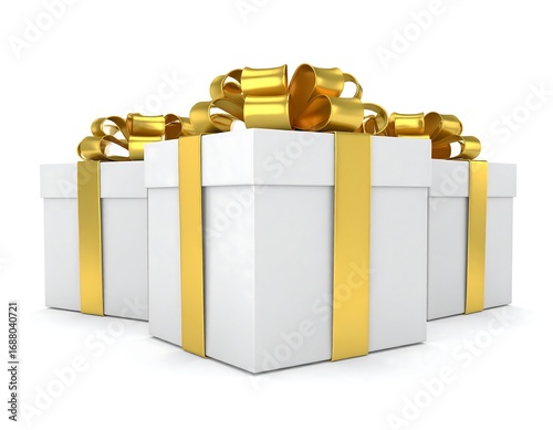 Stack of white gift boxes with gold ribbons