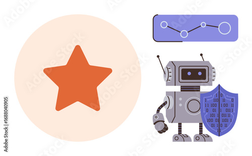 Robot holding shield, protecting data chart showing trends star symbolizing success. Ideal for technology, cybersecurity, protection, data analysis, safety, innovation AI concepts. A simple flat
