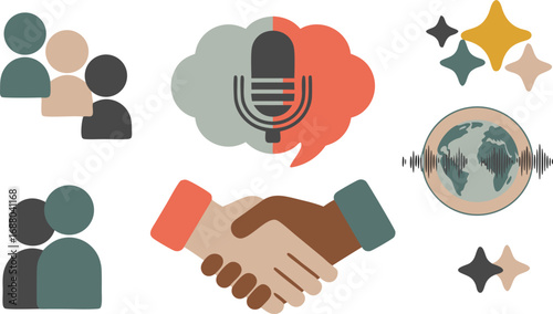 Diverse Group Icons Podcast Microphone, World Globe, Hands Shaking, and Stars Illustration